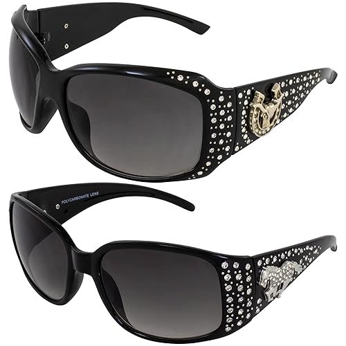 Rodeo Queen 2 Pairs of Studded Horseshoe Sunglasses for Women Black Frame w/Fashion Metal Accent Piece Bling Rhinestones & Smoke Gradient Lenses