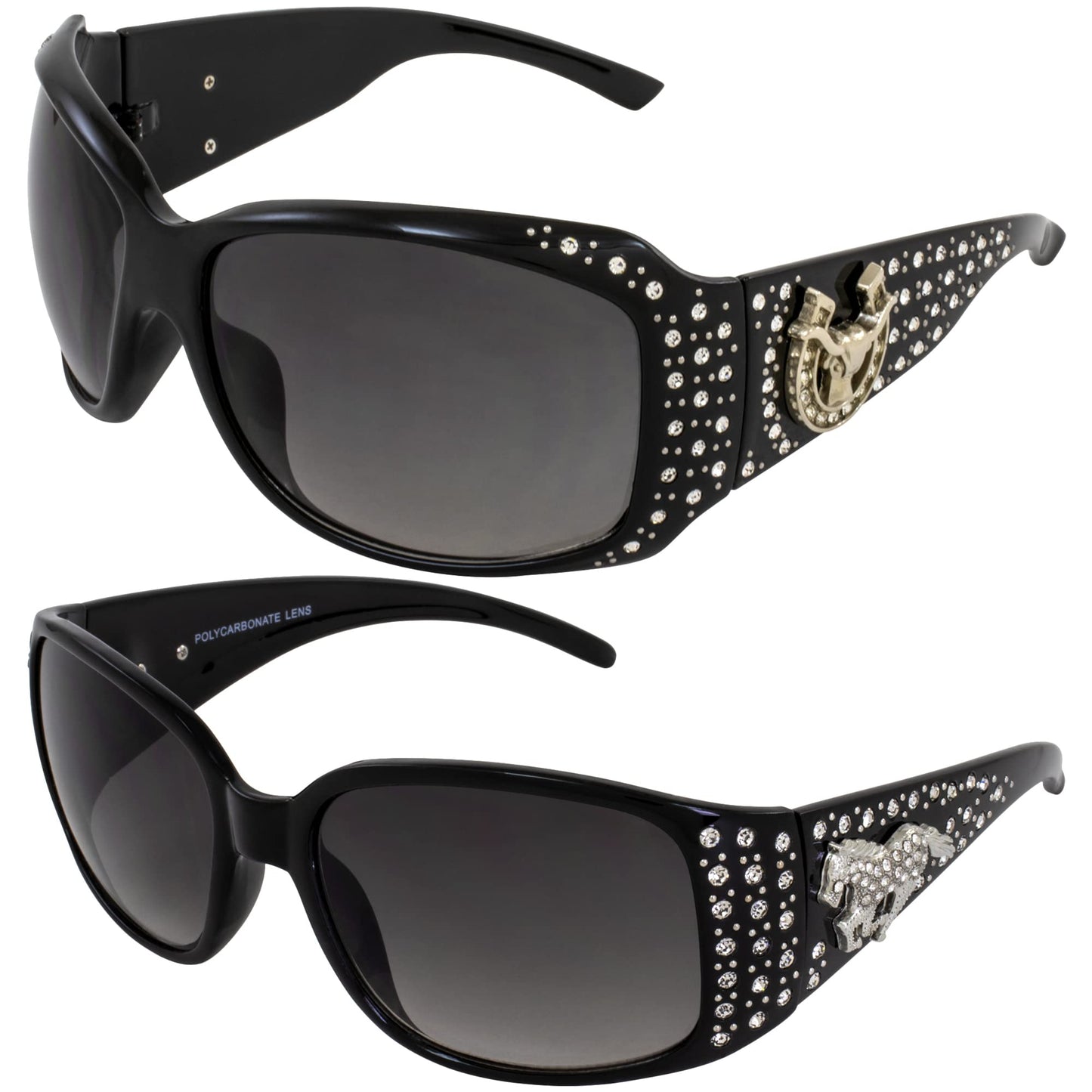 Rodeo Queen 2 Pairs of Studded Horseshoe Sunglasses for Women Black Frame w/Fashion Metal Accent Piece Bling Rhinestones & Smoke Gradient Lenses