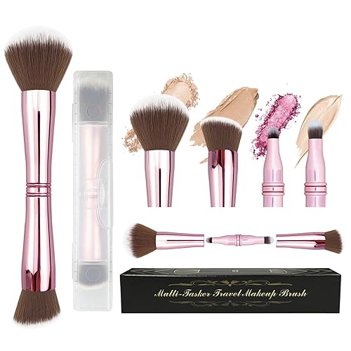 Voxora 4 in 1 Makeup Brush Set - All in One Powder/Blush, Foundation, Blending & Eyeshadow Brushes, Compact & Travel Essential