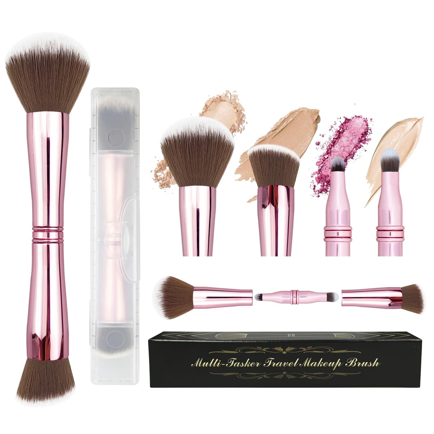 Voxora 4 in 1 Makeup Brush Set - All in One Powder/Blush, Foundation, Blending & Eyeshadow Brushes, Compact & Travel Essential