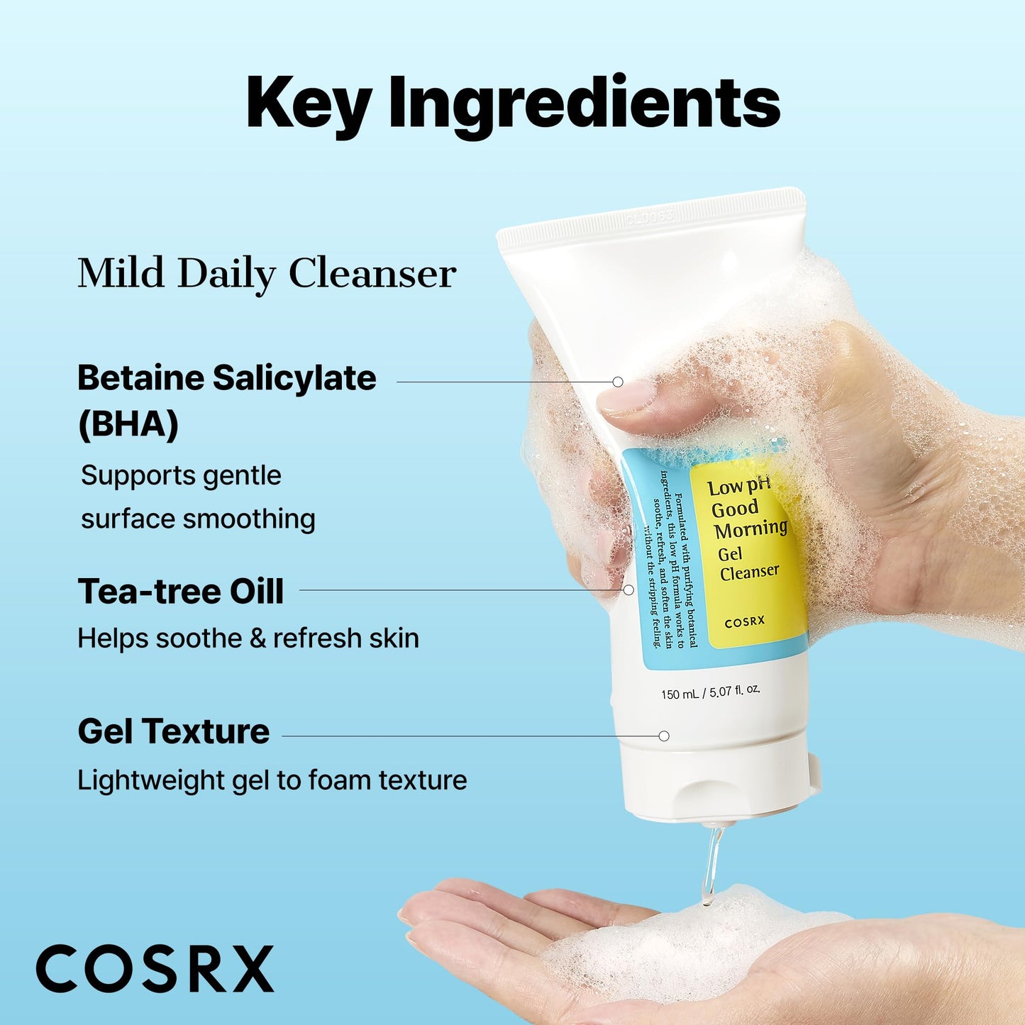 COSRX Low pH Good Morning Gel Face Cleanser, 5.07 fl oz, BHA Face Wash, Daily Mild Face Cleanser for Sensitive Skin, PH Balancing, Korean Skin Care