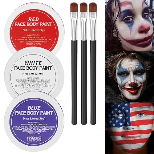 White Red Blue Face Body Paint,Halloween Clown Makeup Kit with 3 Brushes,Professional Red White Blue Face Body Painting Kit for Clown, Joker, Theater