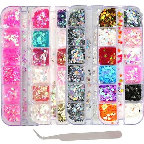 AddFavor 4 Boxes Holographic Nail Sequins Mixed Shapes Iridescent Glitter Flakes Hearts Star Moon DIY Design Manicure Nail Art Decorations Sets