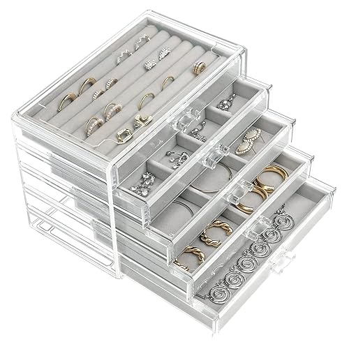 UYBeauty Acrylic Jewelry Box with 5 Drawers,Velvet Jewellery Organizer,Jewelry Storage Case for Earring Necklace,Ring Organizer Storage…