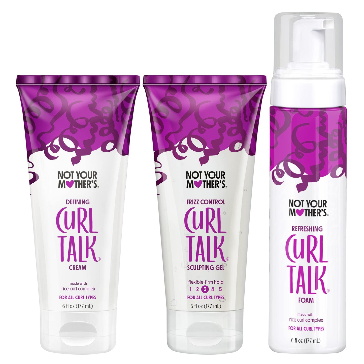 Not Your Mother's Curl Talk Frizz Control Sculpting Gel, Defining Cream, and Refreshing Curl Foam (3-Pack) - 6 fl oz - Formulated with Rice Curl