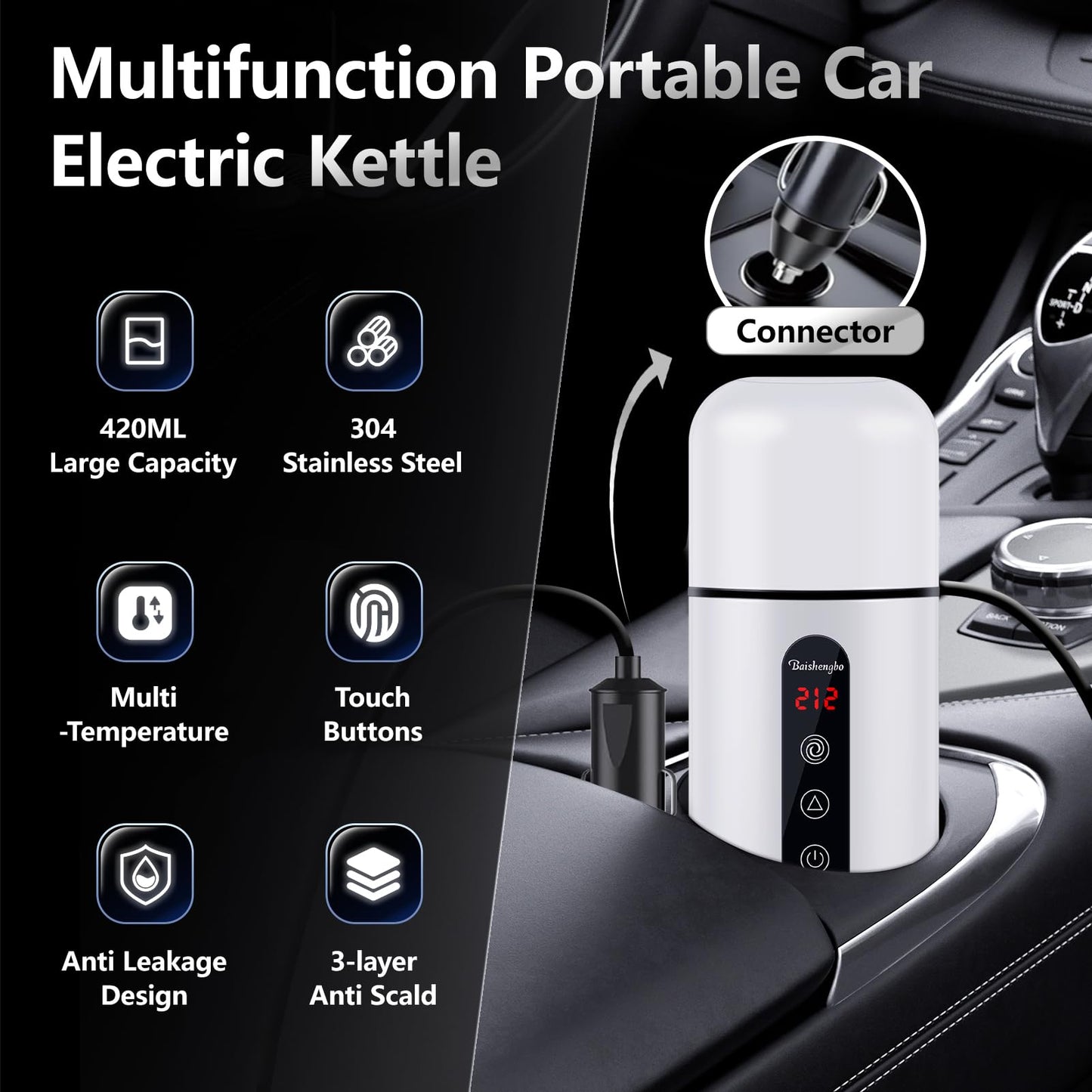 Car Electric Kettle,Portable Travel Kettle,12V/24V Car Coffee Warmer,420ML Hot Water Heater with Built-in Magnetic Induction Stirring,Small Mini Hot…