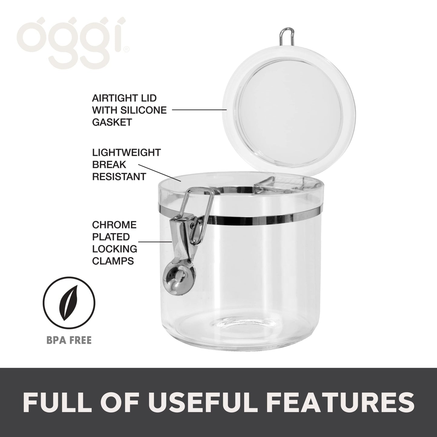 Oggi Clear Canister with Clamp Lid, 38 oz - Large Airtight Food Storage Container, for Kitchen & Pantry Storage of Bulk, Dry Foods Including Pasta…