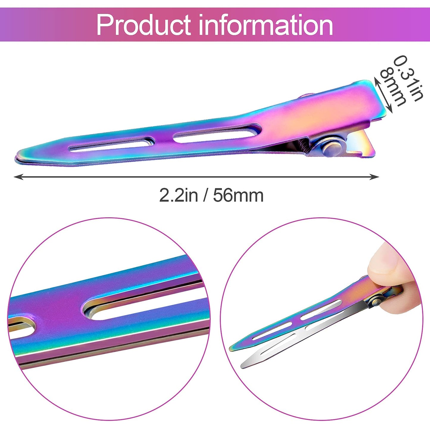 OIIKI 10 Pack 2.2 Inches Rainbow Single Prong Curl Clips, Metal Alligator Hair Clips without Teeth, Rainbow Section Hairpin Hair Accessories for Women