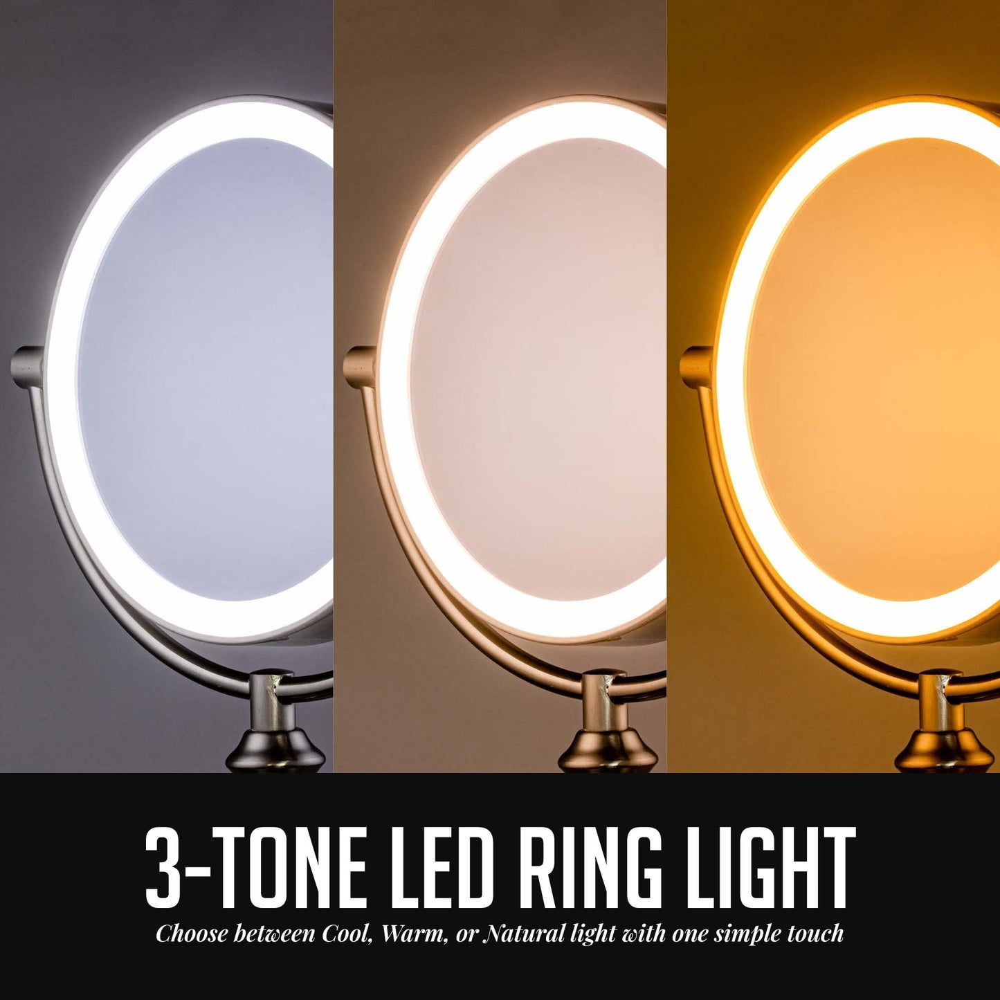 OVENTE 8" Lighted Tabletop Makeup Mirror with 1X/10X Magnification, Double Sided Vanity Mirror, 360° Swivel Design, 3-Tone Smart Touch Glow LED Lights