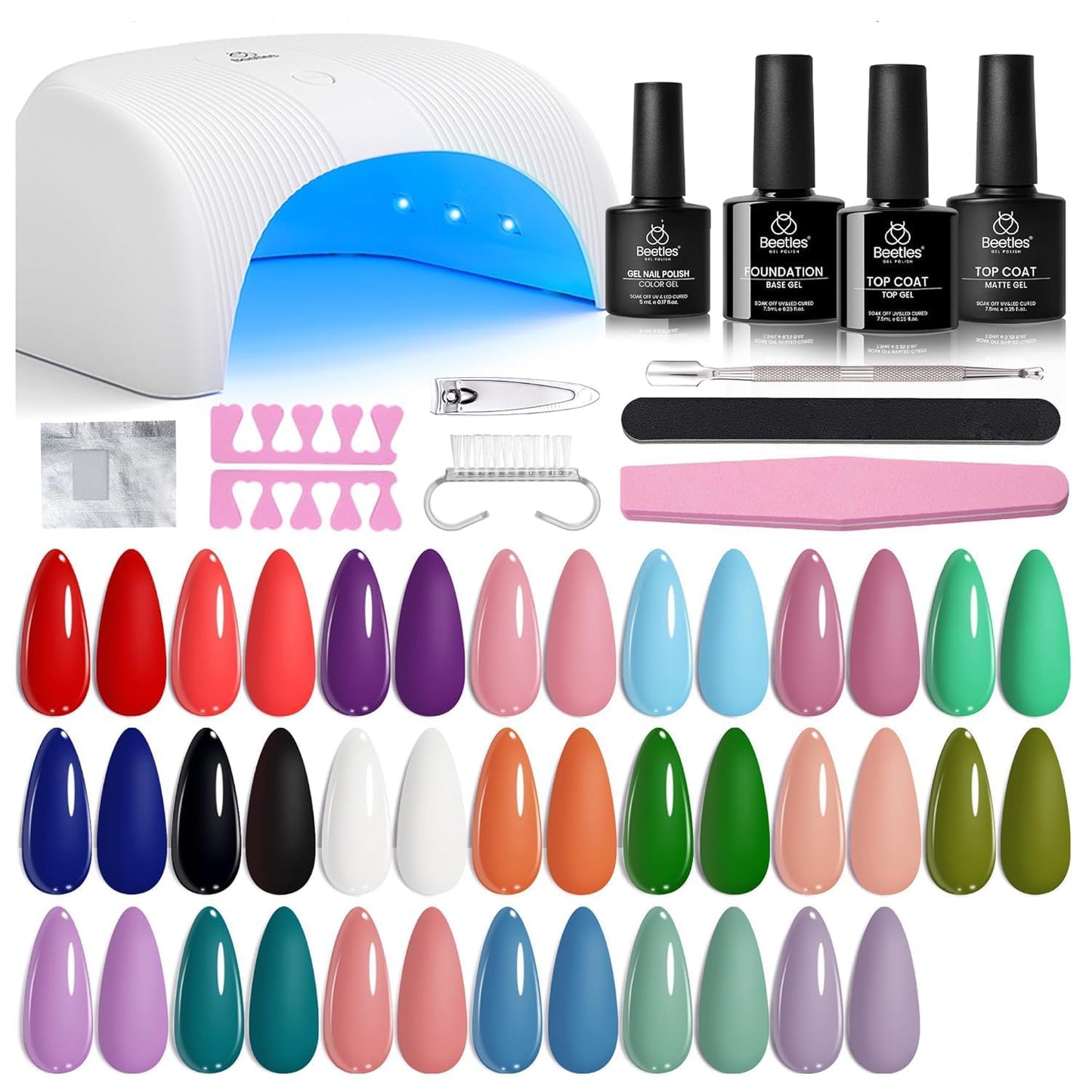 Beetles Gel Nail Polish Kit with UV Light 44PCS Red Blue Gel Nail kit 24 Colors with Base and Matte & Glossy Top Coat Soak Off Nails Manicure Tools Beauty and Personal Care beetles Gel Polish Default Title