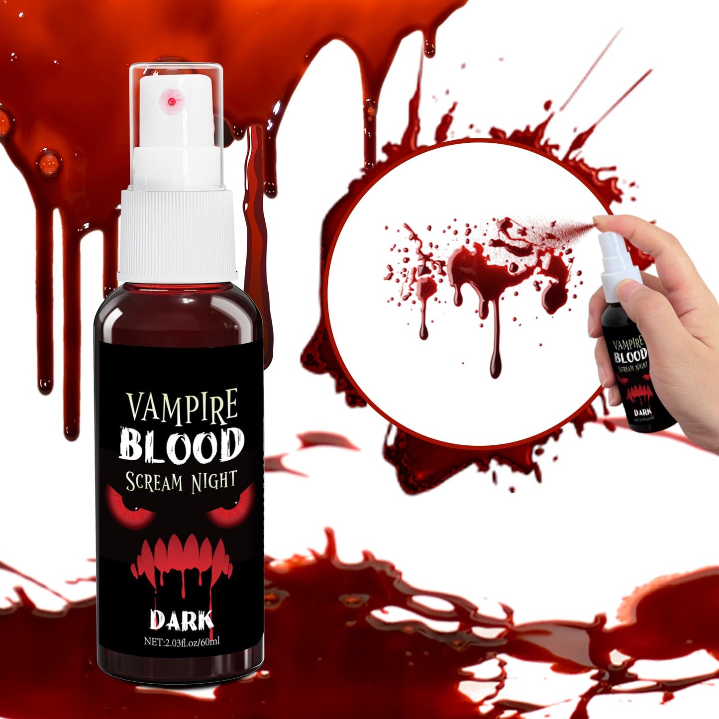 Fake Blood Spray, 2.03 oz Vampire Blood Splatter, Halloween Fake Blood for Clothes, Zombie Bride, Vampire and Monster SFX Scary Clown Makeup & Dress