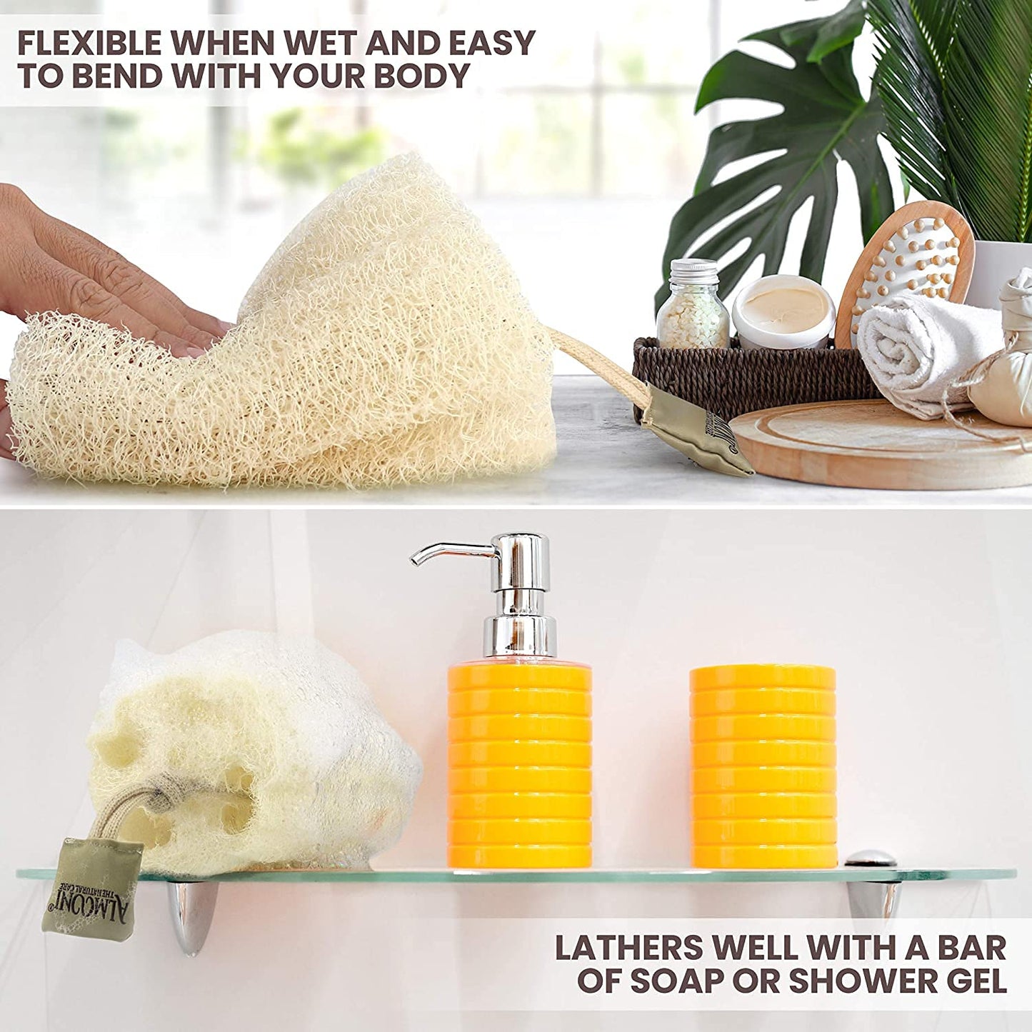 Almooni Natural Loofah Exfoliating Body Scrubber for Men and Women, Real Round Egyptian Loofah Sponge with Consistent Scrub Texture, Large Natural Beauty and Personal Care ALMOONI