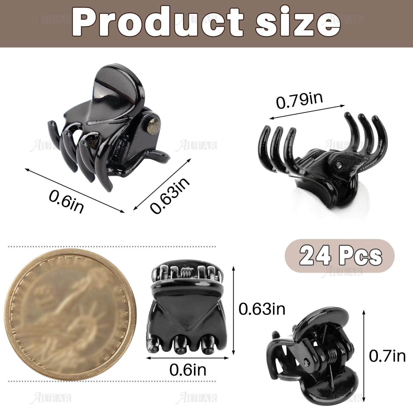 AUEAR, 24 Pack Mini Jaw Clips Plastic Hair Claw for Girls and Women Black Small