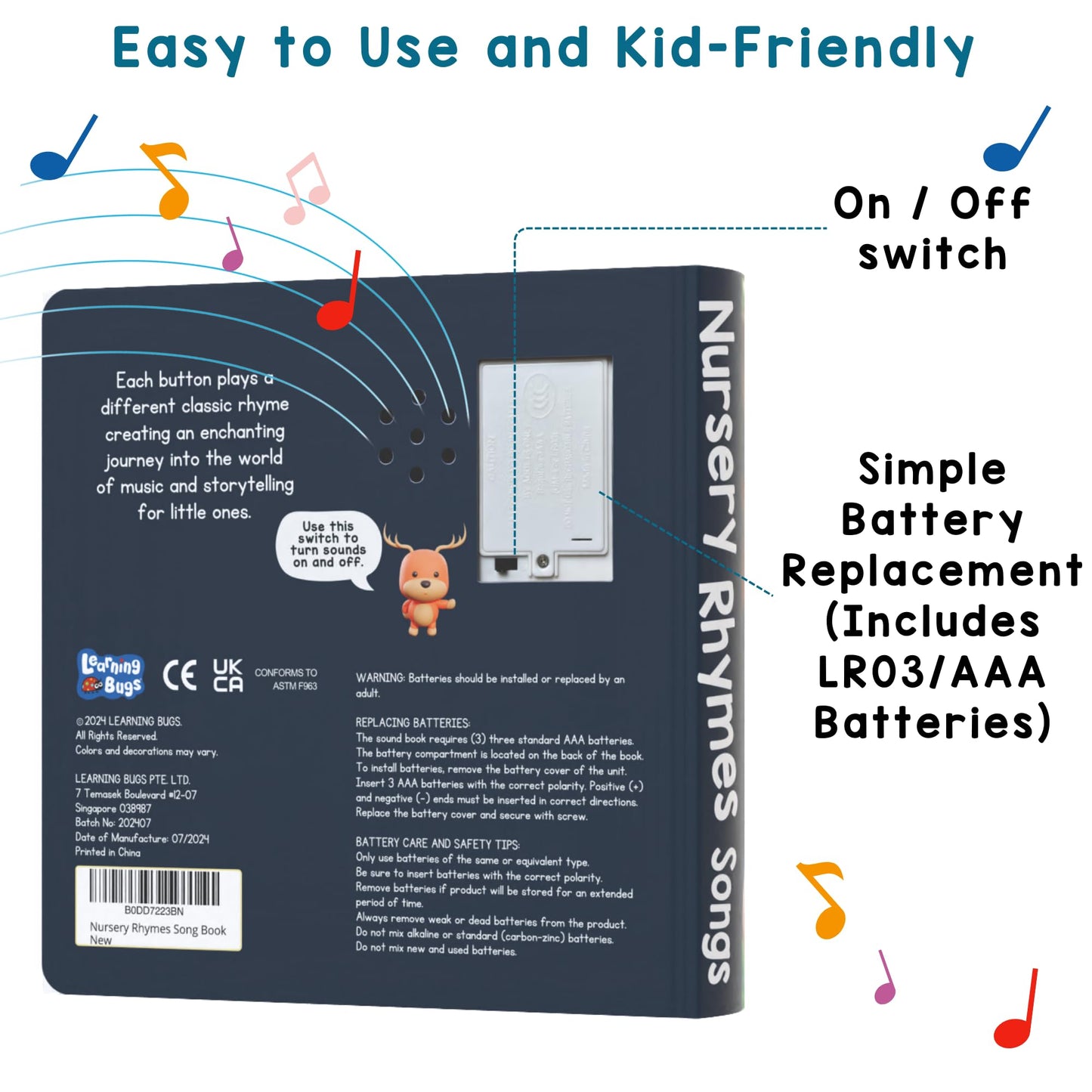 LEARNING BUGS Nursery Rhymes Book | 28-Button Musical Toy with Favorite Sing-Along Songs | Interactive Music Book for Toddlers Ages 1–3