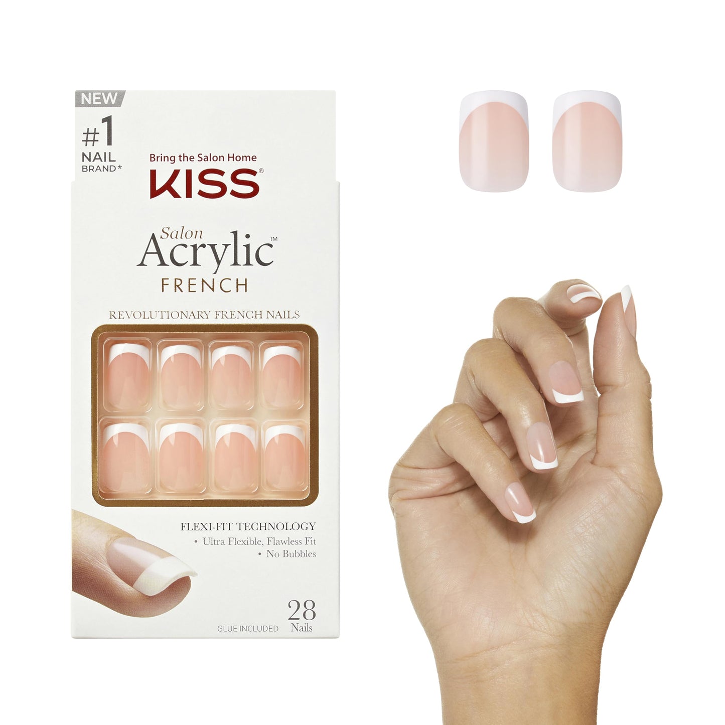 KISS Salon Acrylic Press On Nails, Nail glue included, 'Bonjour', Nude/ White, Short Size, Squoval Shape, Includes 28 Nails, 2g Glue, 1 Manicure