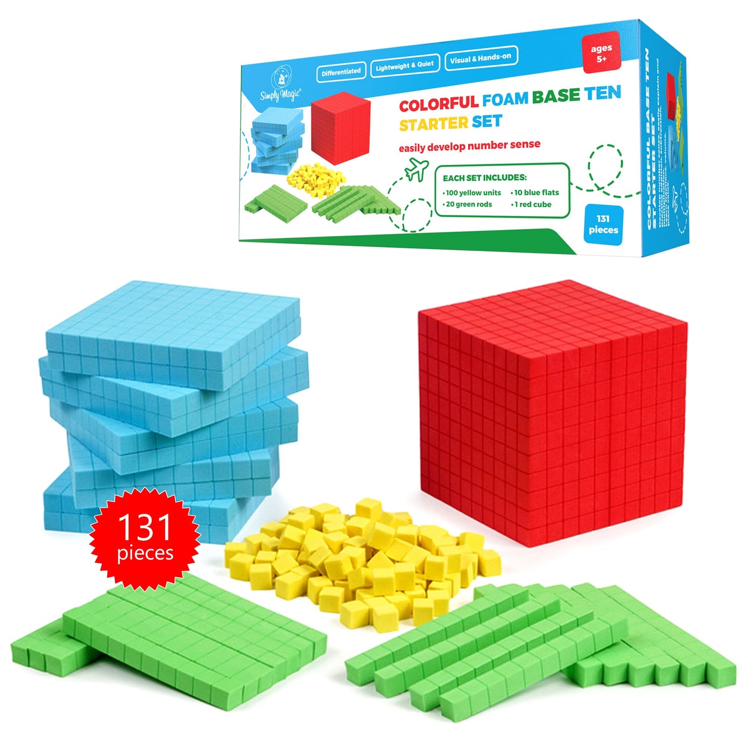 Simply Magic 131pcs Foam Base Ten Blocks – Math Manipulatives for K-3, Place Value Counters, Number Cubes & Counting Blocks