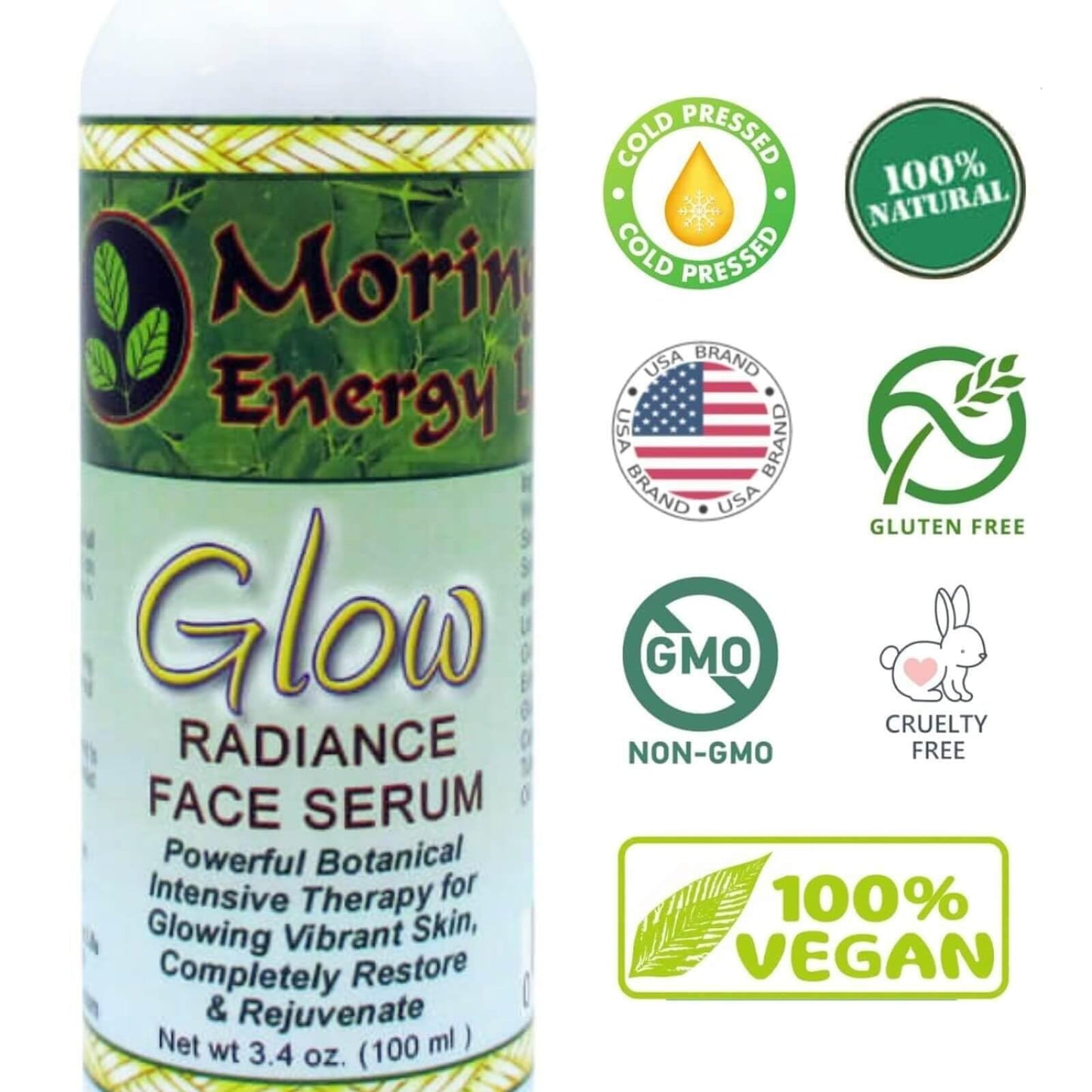 Moringa Glow Radiance Face Serum 3.4 oz by Moringa Energy Life - Moisturizer for Face & Neck, Rich in Antioxidants, Moringa oil plus 11 Essential Oils