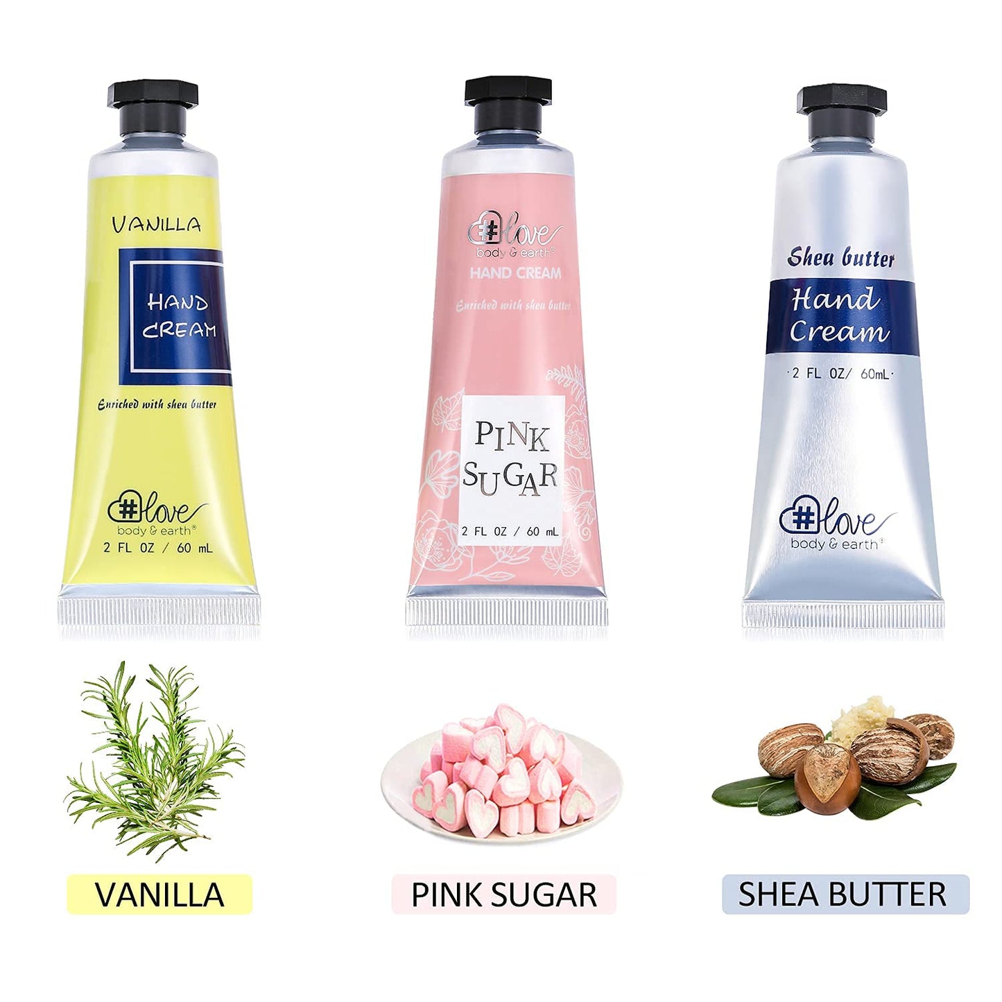 Body & Earth # Love Nourishing Hand Cream Gift Set, 3x2.0 oz, Shea Butter, Argan Oil, Vitamin E, Moisturizing, Fresh Fragrances, For All Skin Types