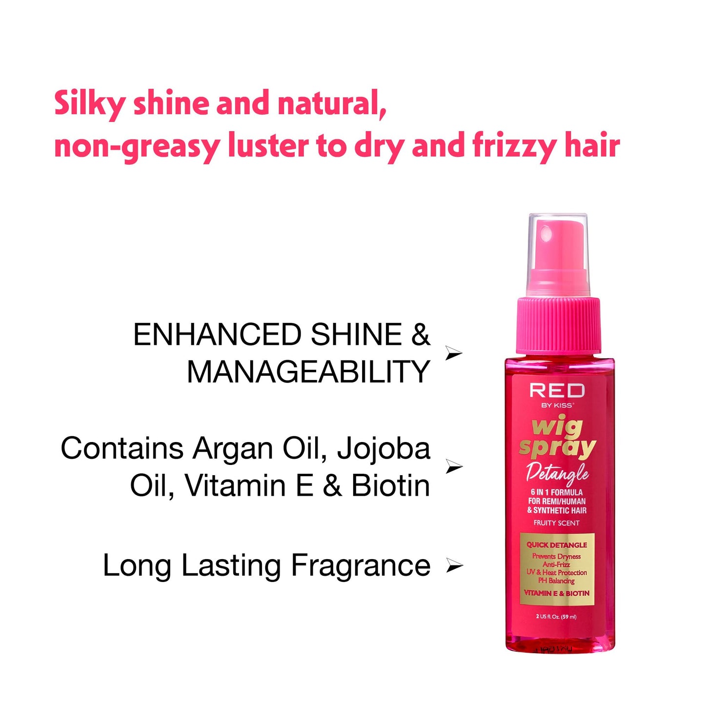 Red by Kiss Wig Spray, Extra Shine & Detangling Control for Remy, Human, Synthetic Hair, UV & Heat Protection, PH Balance & Long-Lasting Fragrance