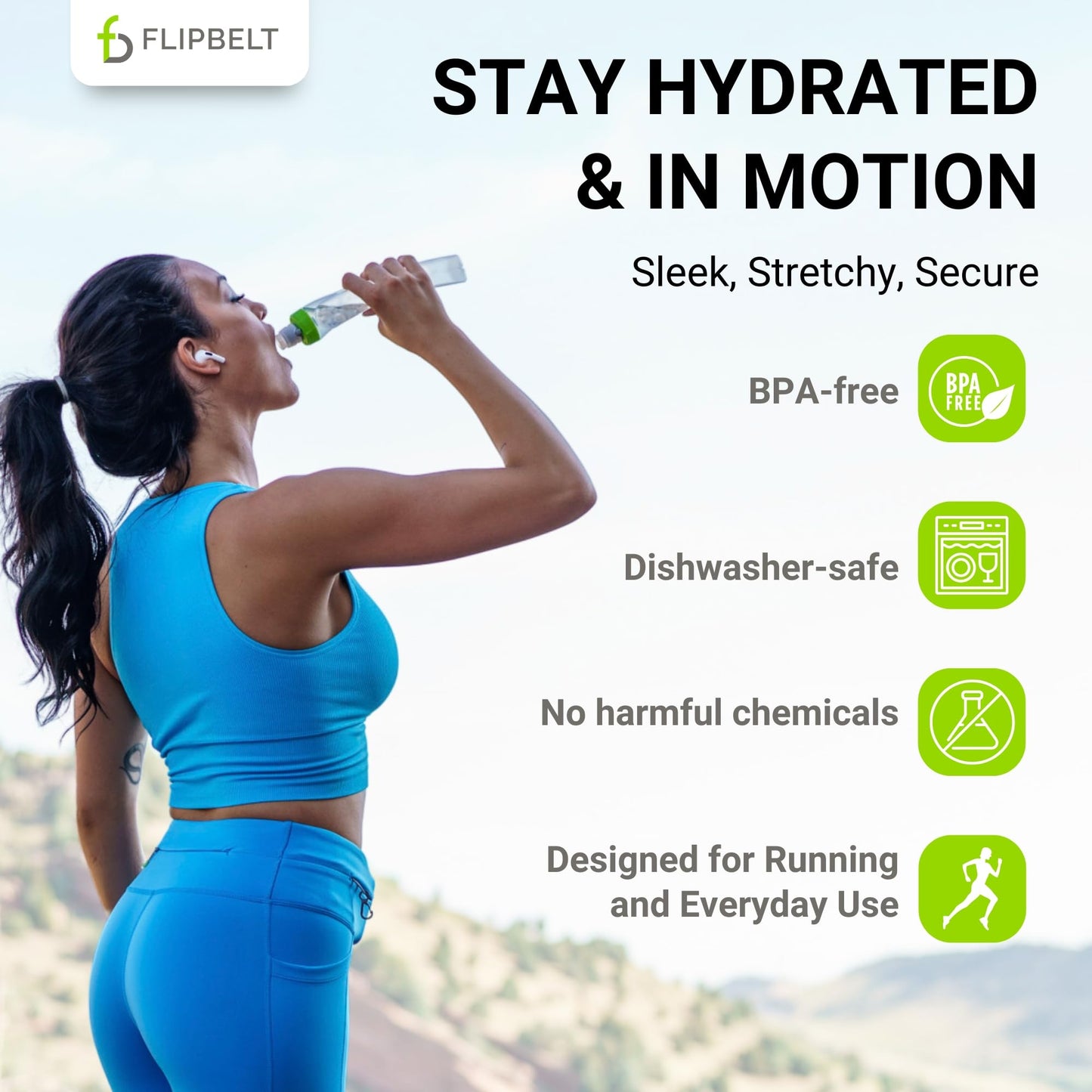 FlipBelt Arc Water Bottle for FlipBelt Running Belt, Curved Hydration Running Bottle, 11 Fl. Oz, Green