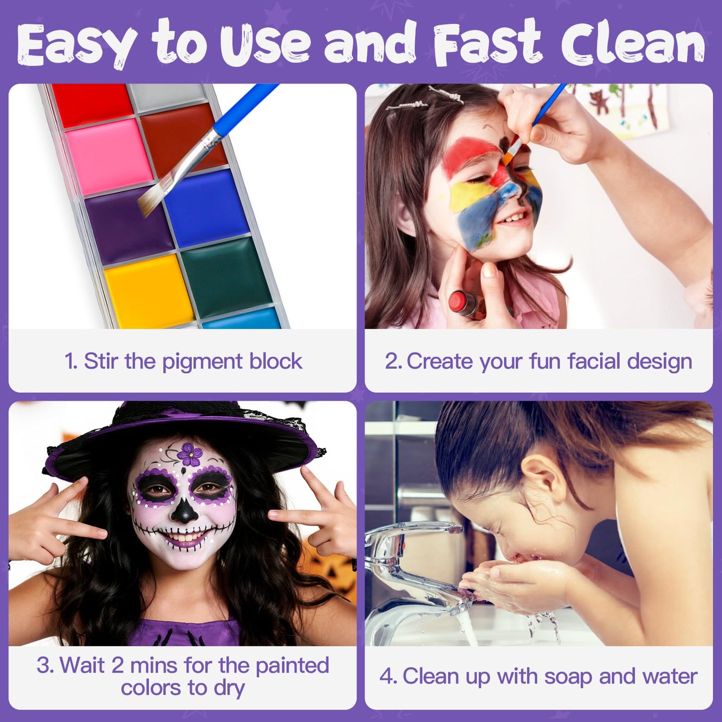 Face Painting Kit for Kids, 12 Colors Oil-Based Face Paint with 2 Brushes, Non-Toxic Halloween Makeup Kit, Professional Face Body Paint for Halloween
