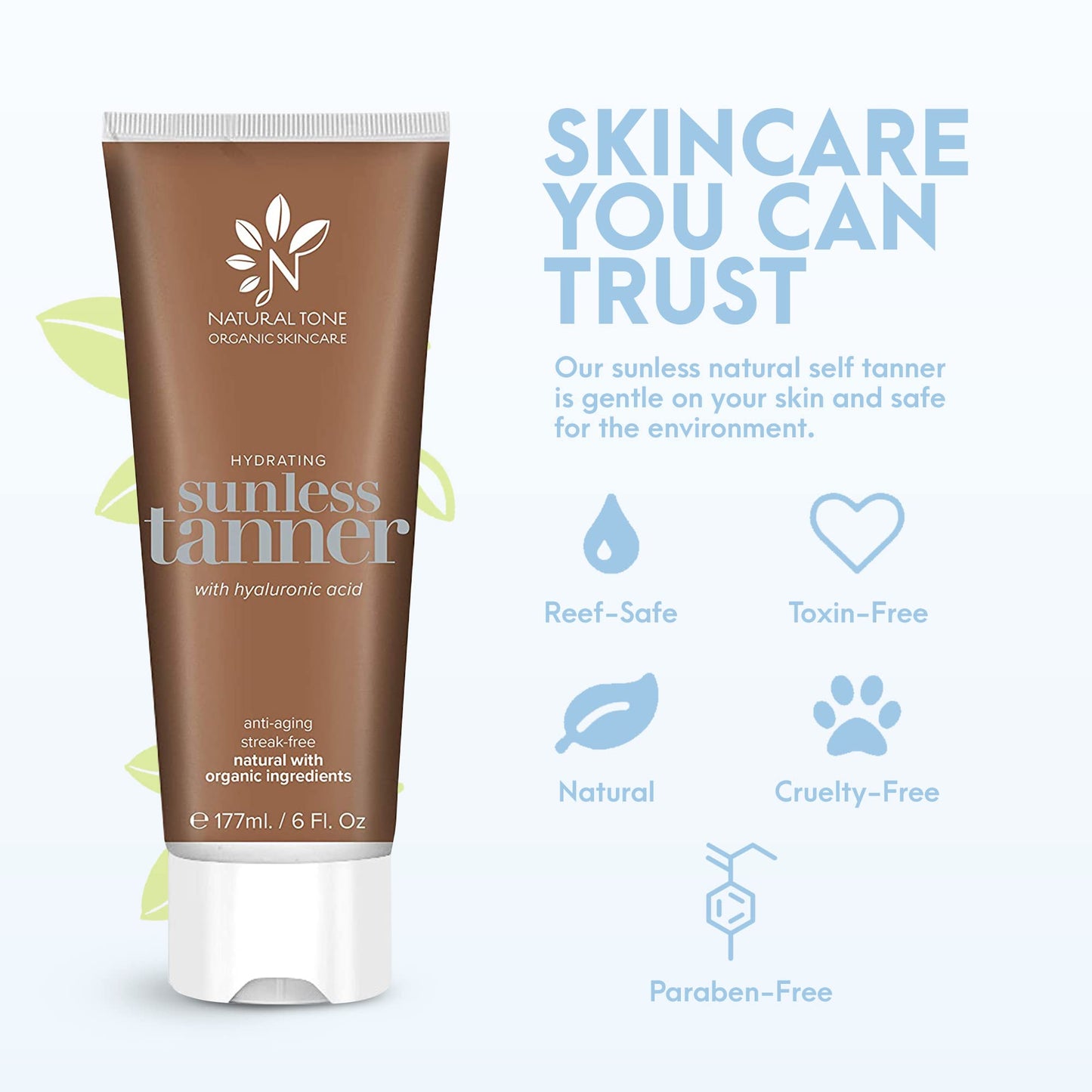 Natural Tone Organic Skincare Hydrating Sunless Tanner with Hyaluronic Acid, Aloe Vera-Based Self Tanning Lotion, Easy to Apply Self Tanner for Face