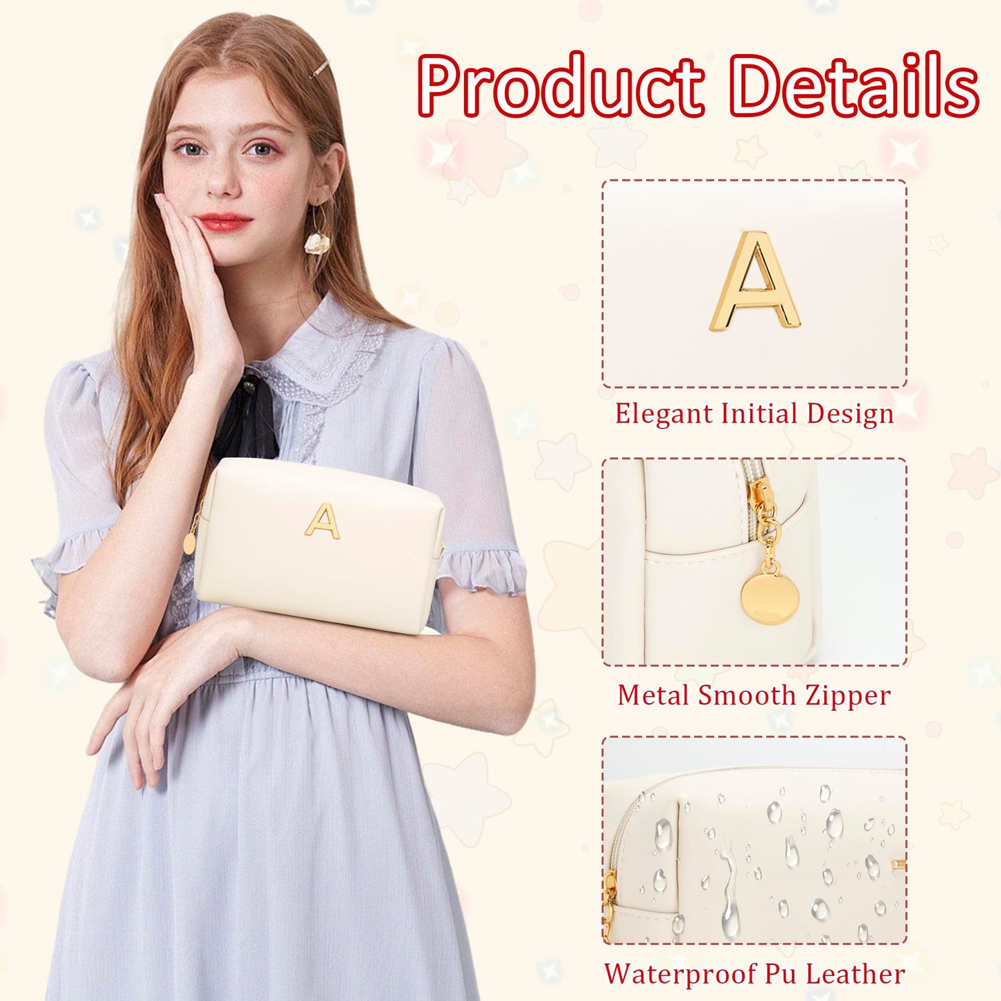 CLOUDWINGS Gifts for Women Bridesmaid Gifts Personalized Initial Makeup Bag PU Leather Cosmetic Waterproof Travel Toiletry Bag (Beige A) Beauty and Personal Care CLOUDWINGS