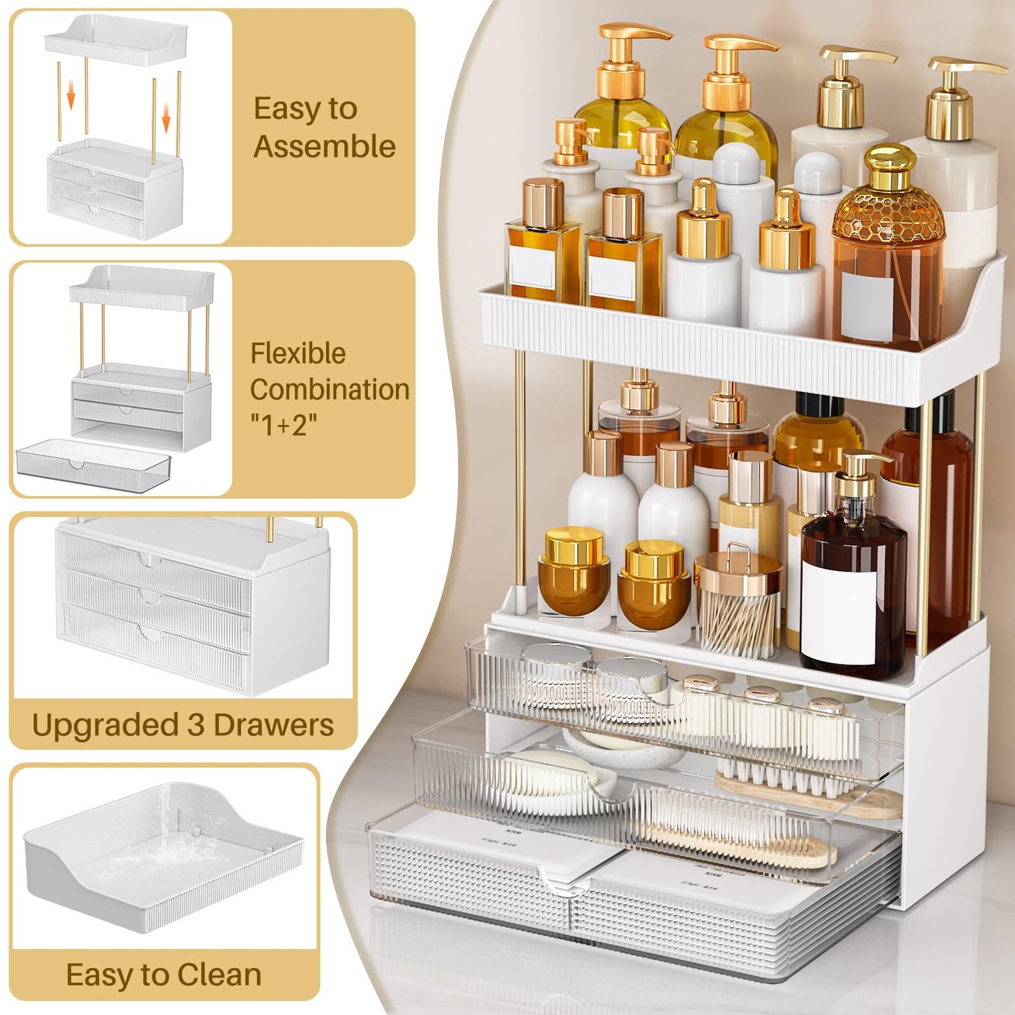 caktraie 2 Pack Bathroom Counter Organizer - 3 Drawers Makeup Organizer, Cosmetic Storage Drawer for Dresser Countertop and Bathroom Vanity for Large Beauty and Personal Care caktraie