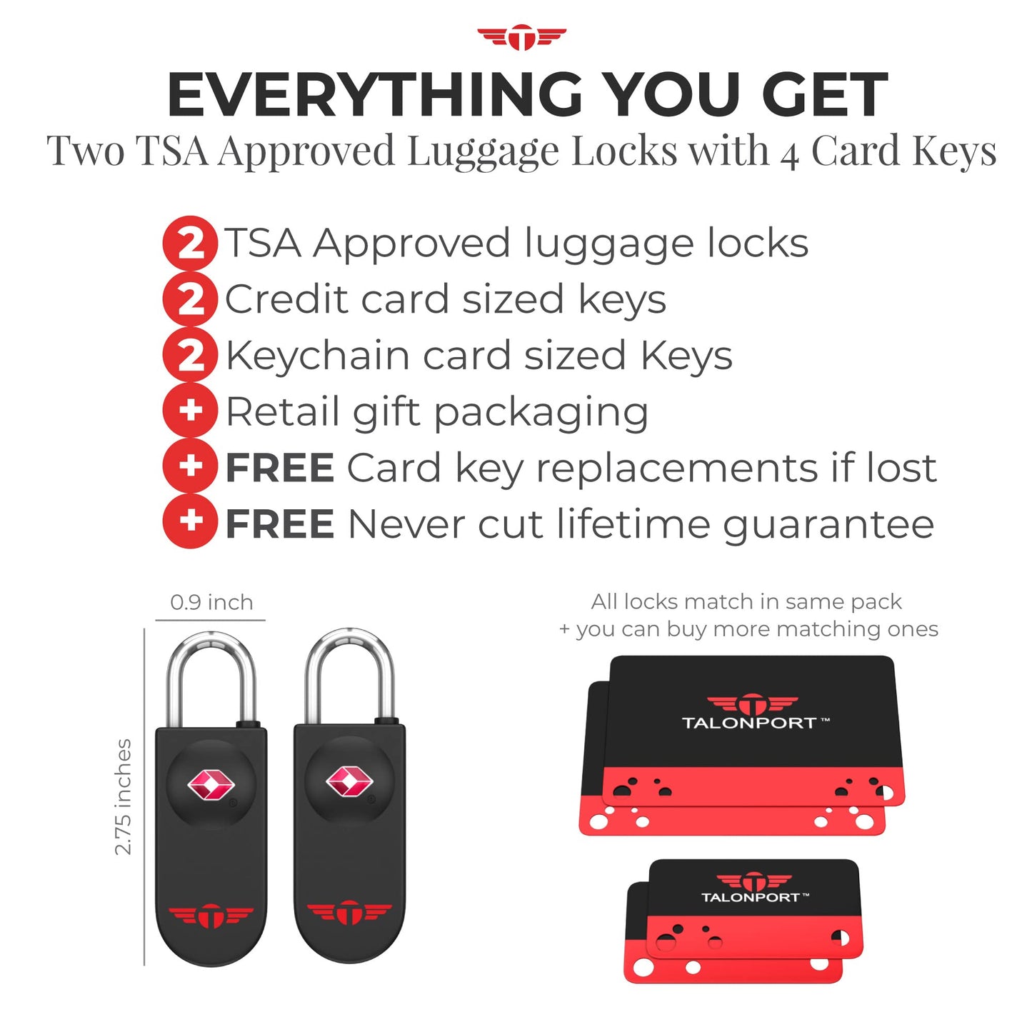 Keyless TSA Approved Luggage Locks – 2 Pack Travel Padlocks with Lifetime Card Keys, No Combination to Remember