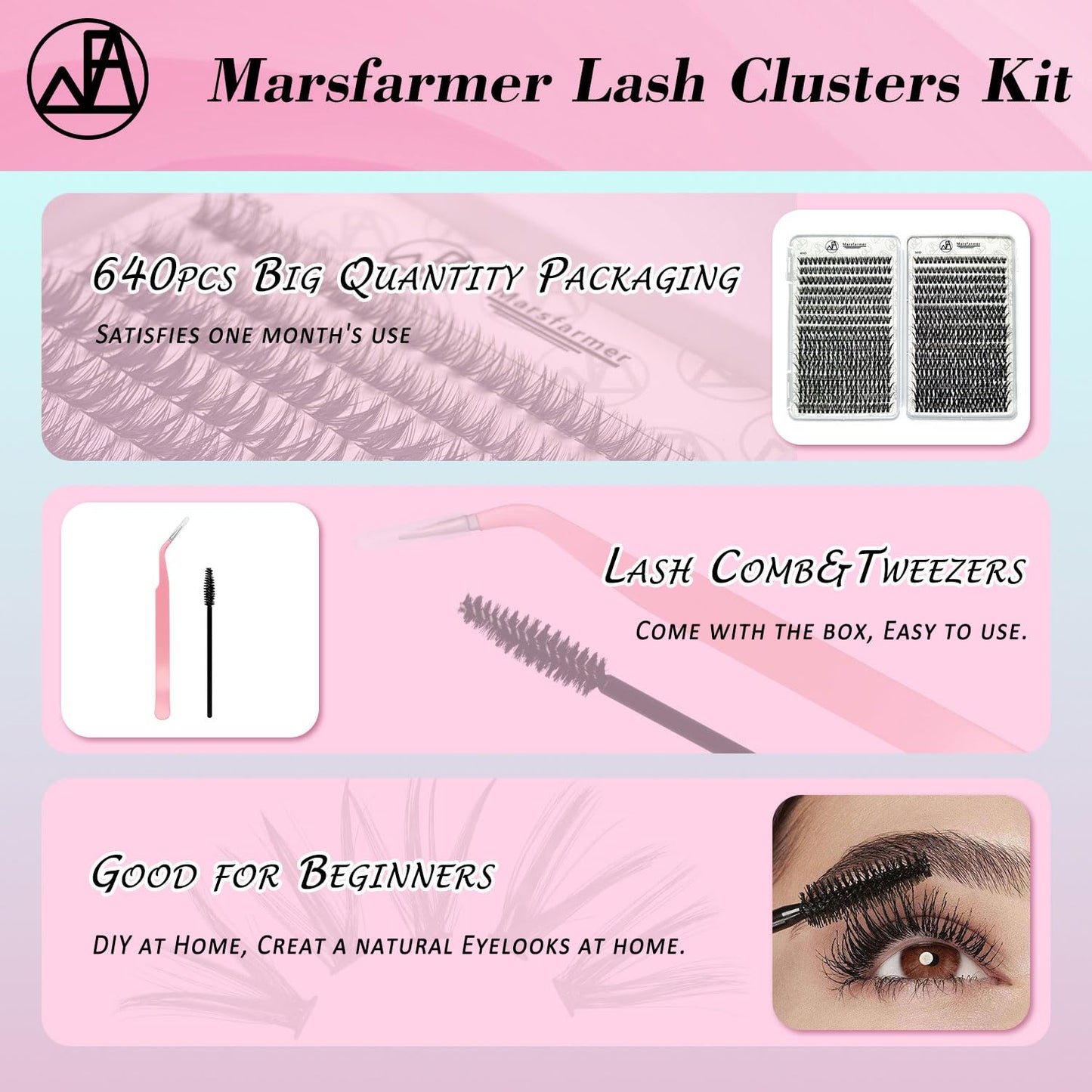 Marsfarmer 640pcs Individual Cluster Lashes Kit - False Eyelashes 9-16mm 40D+50D D Curl with Lash Cluster Applicator Tweezer, Reusable