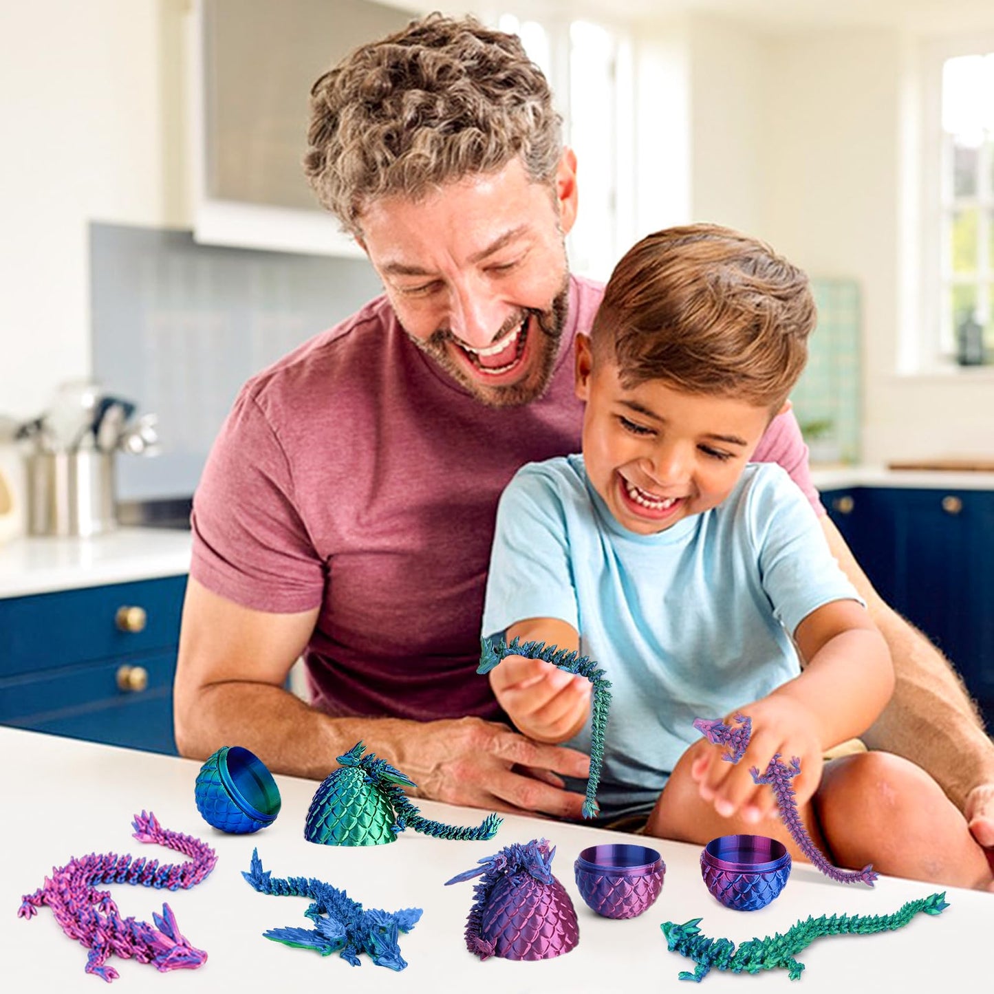 3D Printed Dragon Eggs with 4 Dragons Inside - Swappable Wing, Flexible Articulated Magnetic Dragons Animals Fidget Toy for Kids (Purple+Blue)