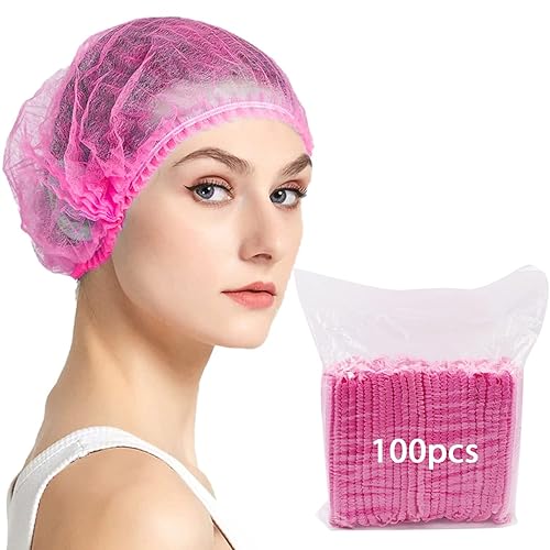 Abnaok Non Woven Disposable Dust Caps, 100 PCS Elastic Caps for Food Industries, Medical Works - Pleated Anti Dust Hat Set Universal Size(Pink)