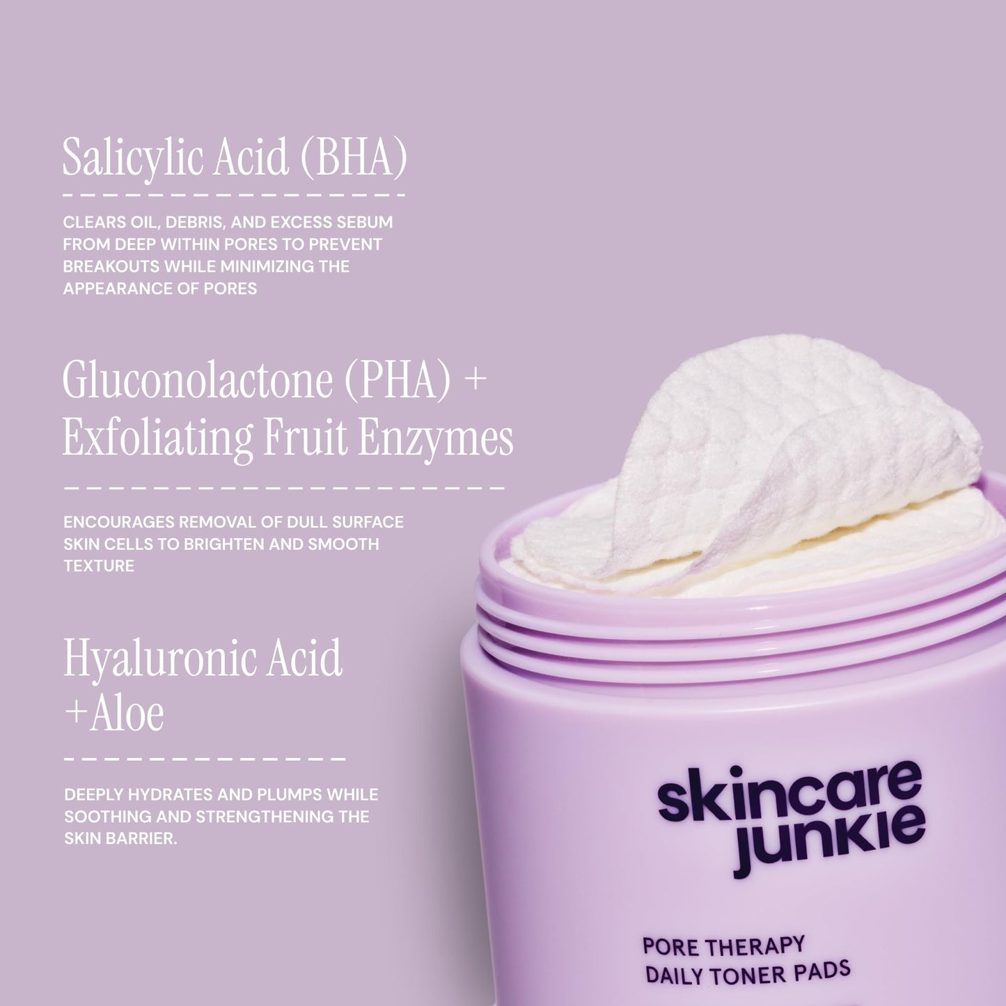 Skincare Junkie Pore Therapy Daily Toner Pads, Exfoliates Pore-Clogging Dead Skin Cells, Fragrance-Free, for Normal to Oily Skin, 50 Pads