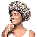 mikimini Medium Shower Cap for Girls and Women,Leopard Stylish Shower Caps with Black Lace,Reusable Waterproof Bathing Shower Hat for Girls