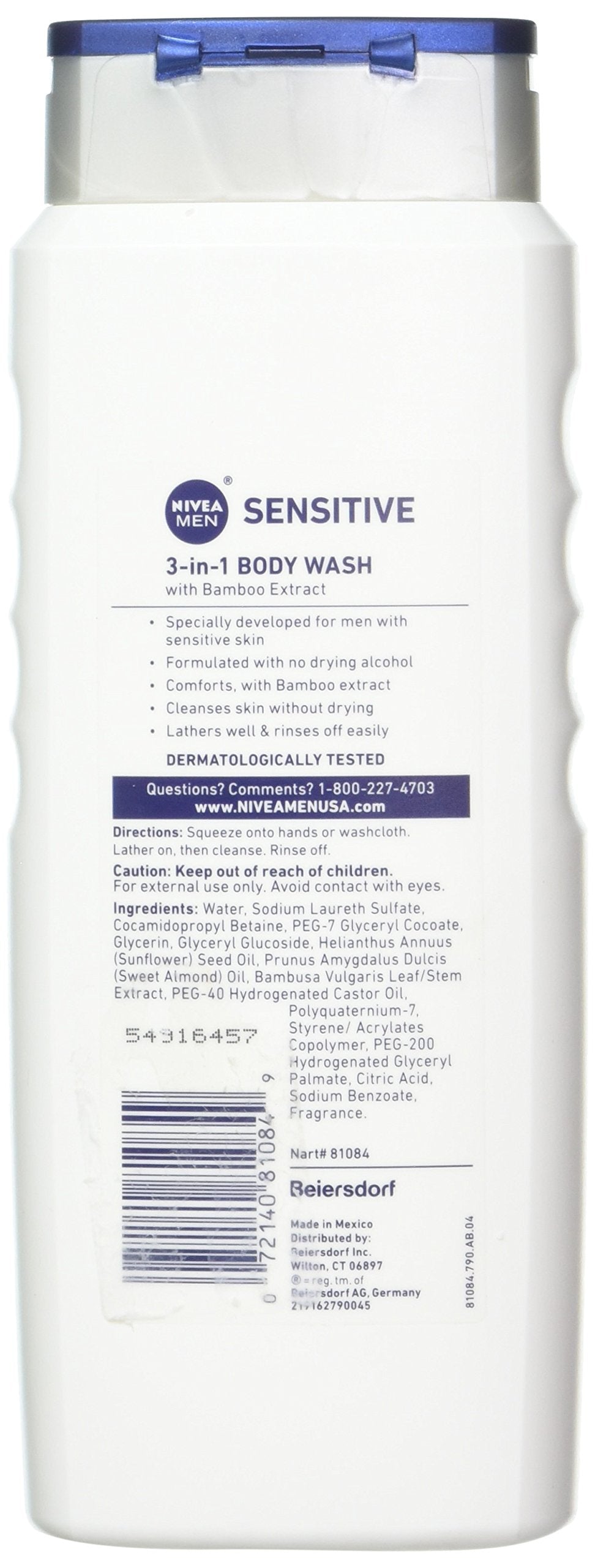 Nivea Men Sensitive 3 in 1 Body Wash - 16.9 Oz, (Pack of 8)