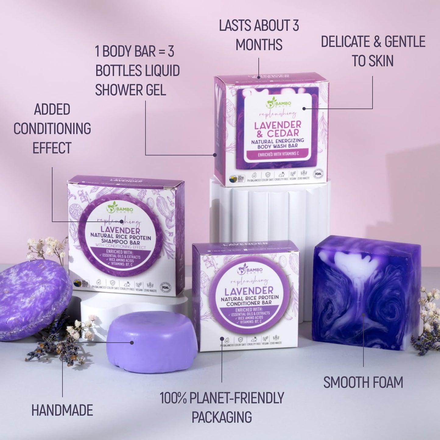 Solid Rice Protein Shampoo, Conditioner and Body Wash Bundle | Shampoo, Conditioner & Wash Bars For Hair and Body w/All Natural Plant Based Essential