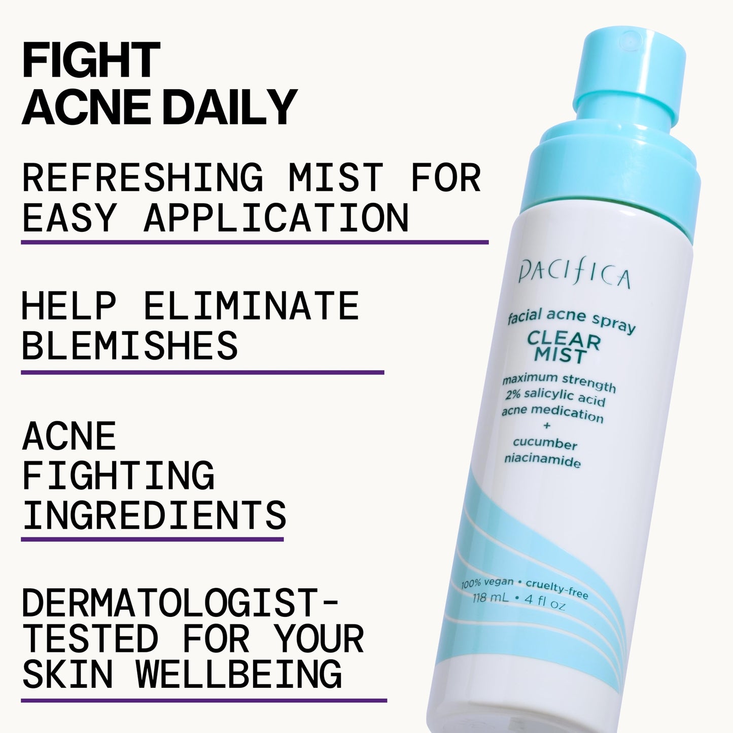 Pacifica Facial Spray for Acne Treatment - Clear Face Mist Acne Spray w/ 2% Salicylic Acid Niacinamide & Aloe - Acne Cleanser - Targets Bacteria