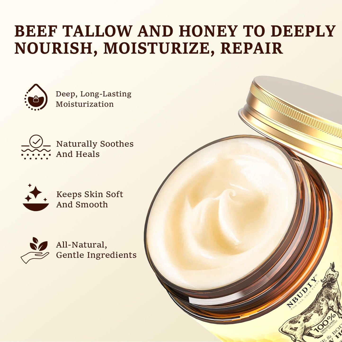 NBUDIY Beef Tallow for Skin, Tallow and Honey Balm, Tallow Face Moisturizer, Grass Fed Beef Tallow for Face - Sensitive Dry Skin Repair, Deeply