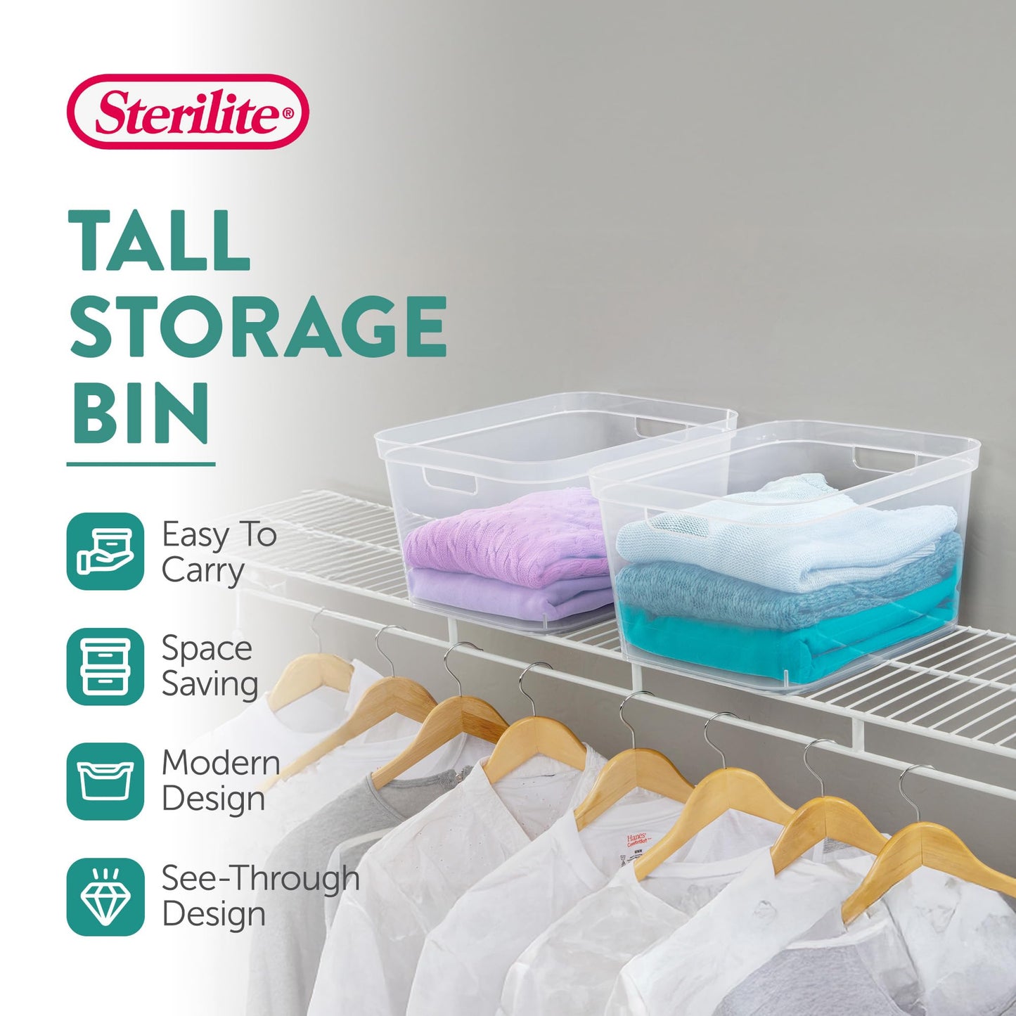 Sterilite 8.25x12.25x15 Inch Modern Polished Storage Bin w/Comfortable Carry Through Handles & Banded Rim for Household Organization, Clear (6 Pack)