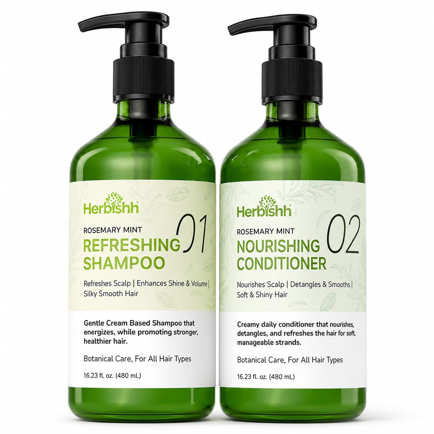 Herbishh Rosemary Mint Shampoo & Conditioner Set (16.23 fl. oz Each), Clarifying Shampoo for Oily Hair, Helps Remove Oil & Residue, Nourish Smooth