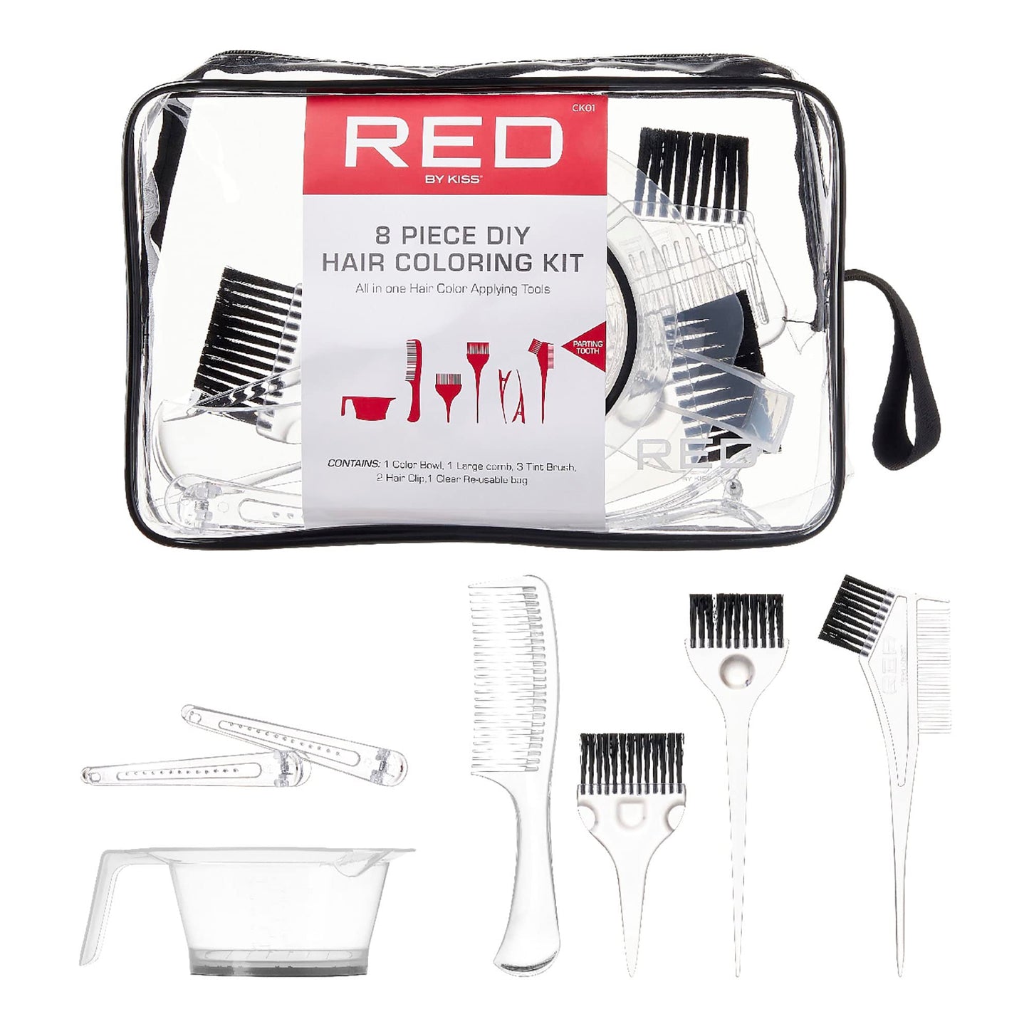 Red by Kiss 8 Piece Hair Dye Coloring Kit DIY Hair Dye Tools, Mixing Bowl, Hair Dye Brush, Hair Clips, Re-usable Bag