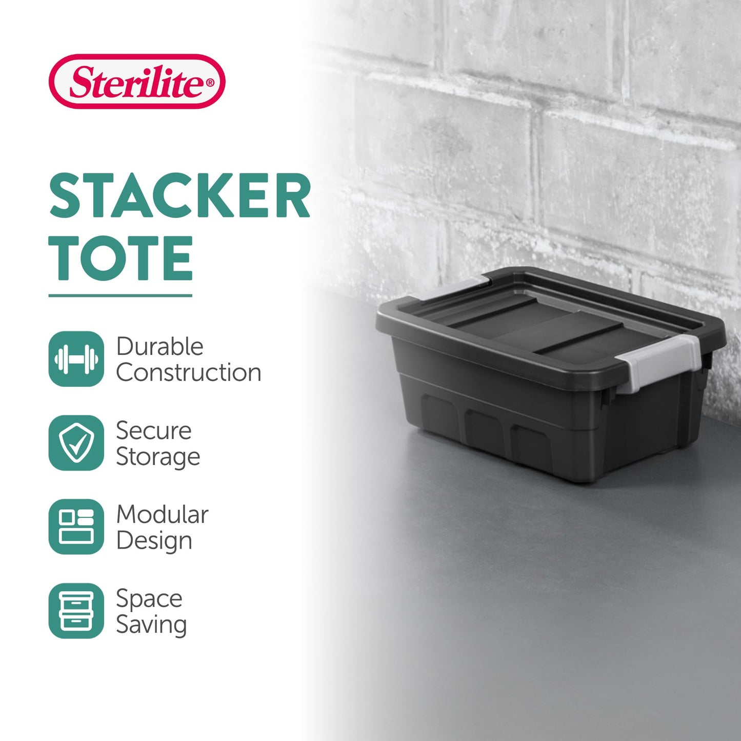 Sterilite 6-Pack Plastic Storage Bins with Lids, Stackable Containers, 4 Gallon, Black