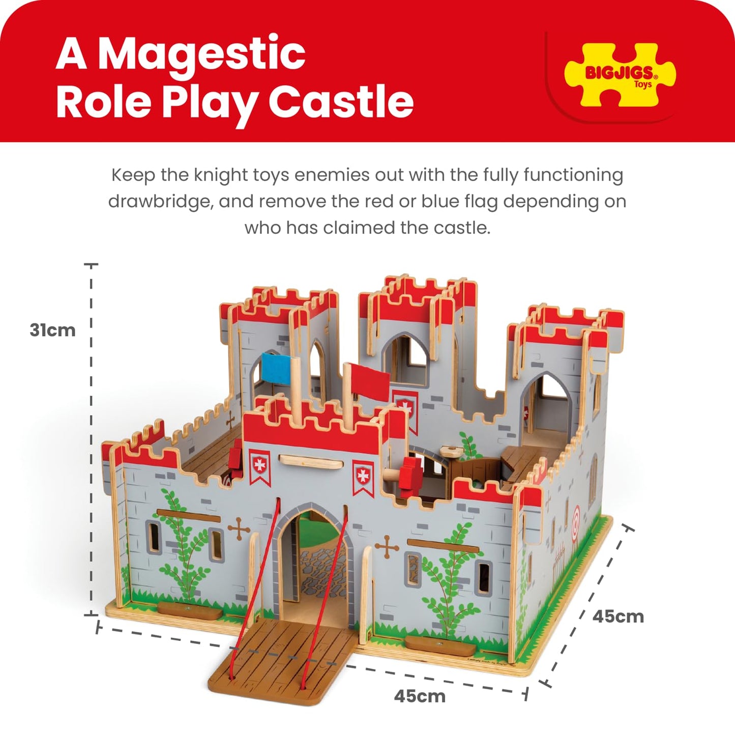 Bigjigs Toys King George's Castle – Wooden Medieval Fort Playset with Drawbridge, Balconies & Doors, Fantasy Role Play Toy for Kids 3+