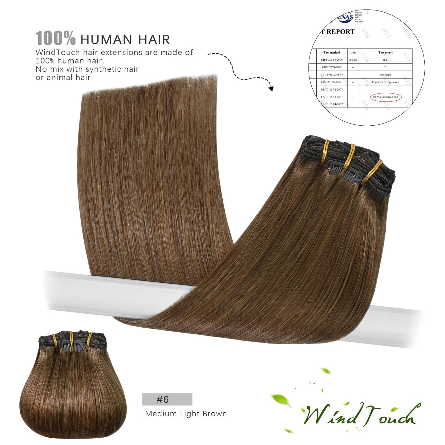 WindTouch Clip In Hair Extensions Real Human Hair Light Brown Extensions 18Inch 75g 7Pcs Human Hair Clip in Extensions #6 Chestnut Brown Hair