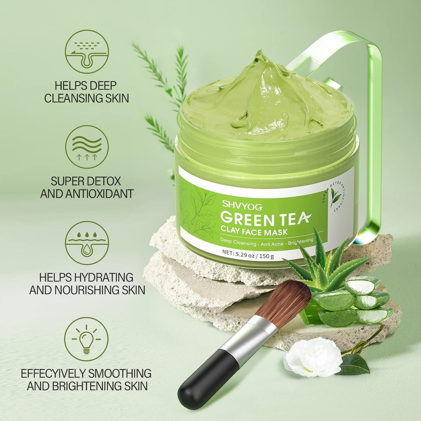 SHVYOG Green Tea Face Mask, Antioxidant Green Tea Clay Mask with Volcanic Mud, Deep Cleansing & Moisturizing & Hydrating Clay Facial Mask for Pores Beauty and Personal Care SHVYOG