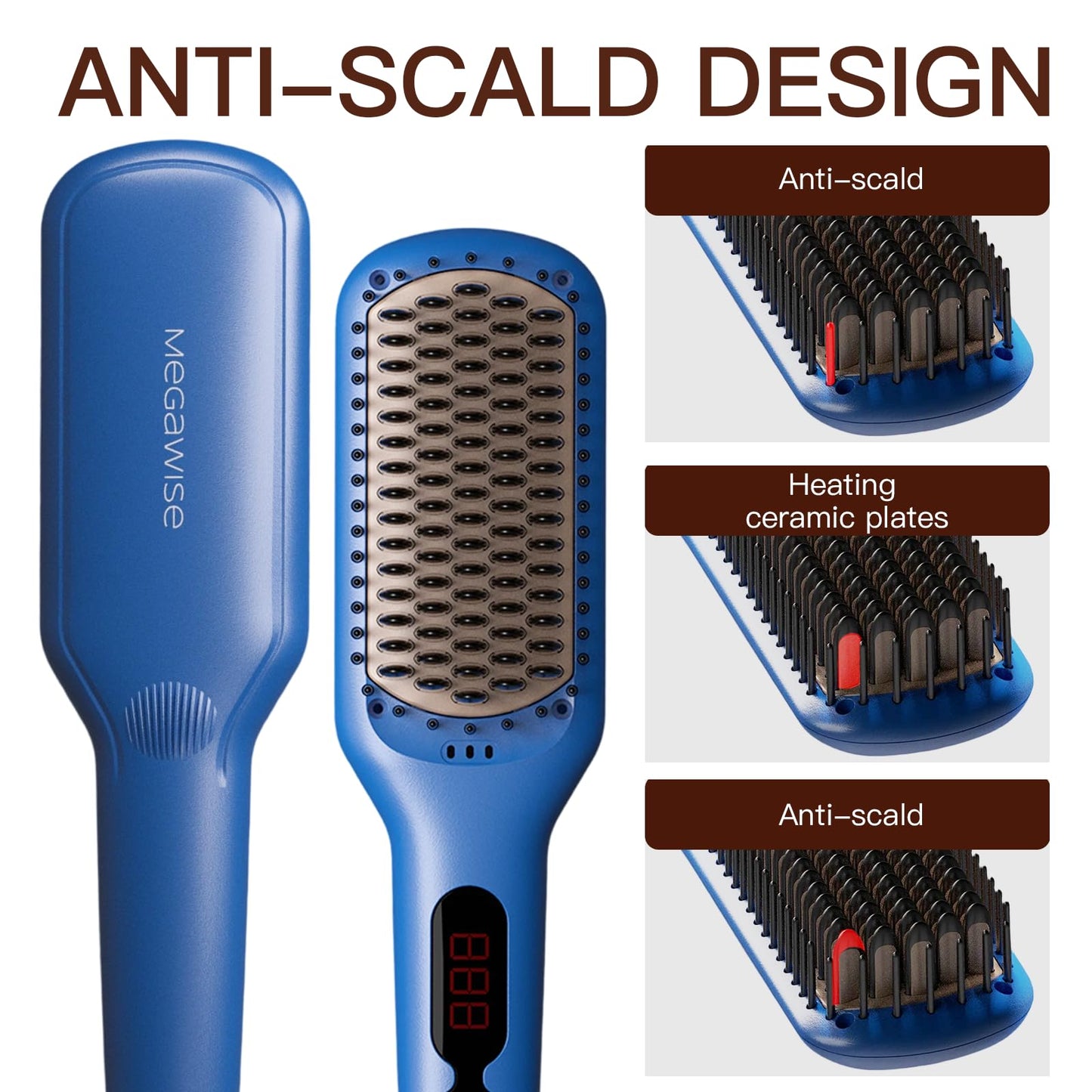 MEGAWISE Pro Ceramic Ionic Hair Straightener Brush for Home Salon | MCH Fast 20s Heating Tech with Auto-Off Safety | Anti-Scald with Universal Dual