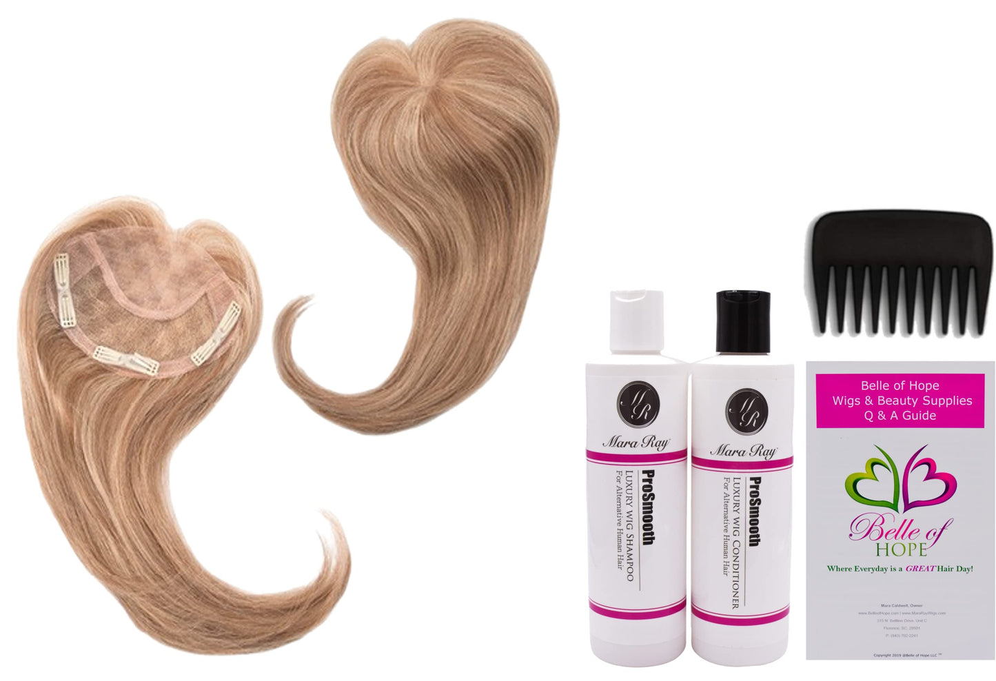 ADD-ON FRONT Human Hair/HF Synthetic Blend Topper by Envy, 5PC Bundle: Topper, 4oz Mara Ray Luxury Shampoo & Conditioner, Wide Tooth Comb, and 19 Page