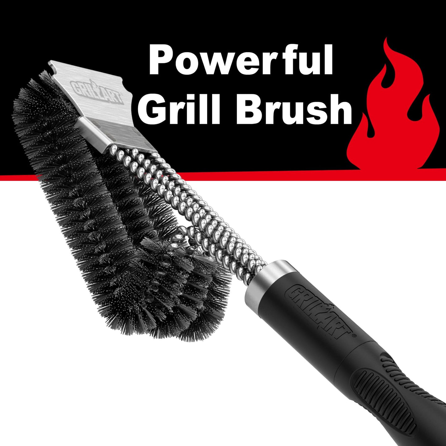 GRILLART Grill Brush & Scraper – Extra Strong BBQ Cleaner with Safe Wire Bristles for Gas & Charcoal Grills, Triple Scrubber BR-8115