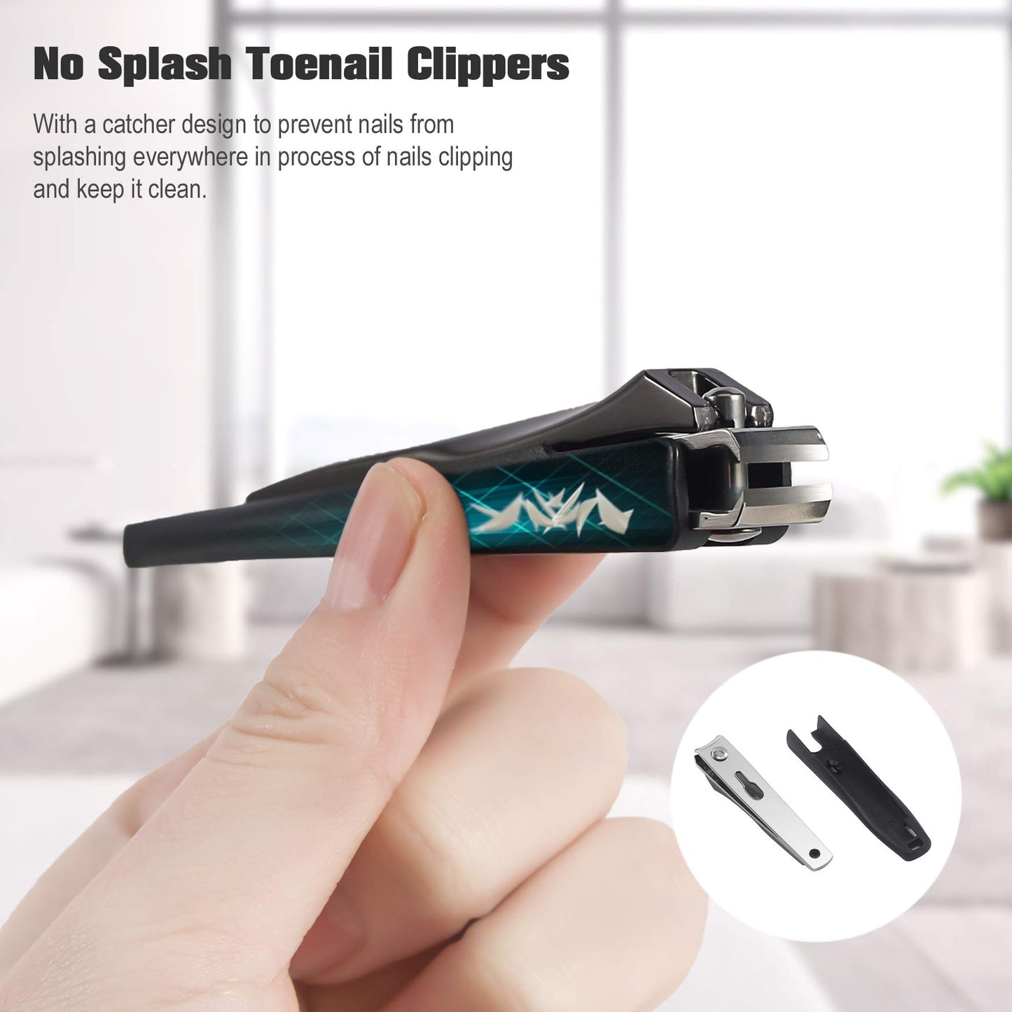 FERYES Nail Clippers with Catcher 2 PCS Set, No Splash Fingernail Clipper and Toenail Clipper, Stainless Steel Nail Cutters - W/Black Metal Case