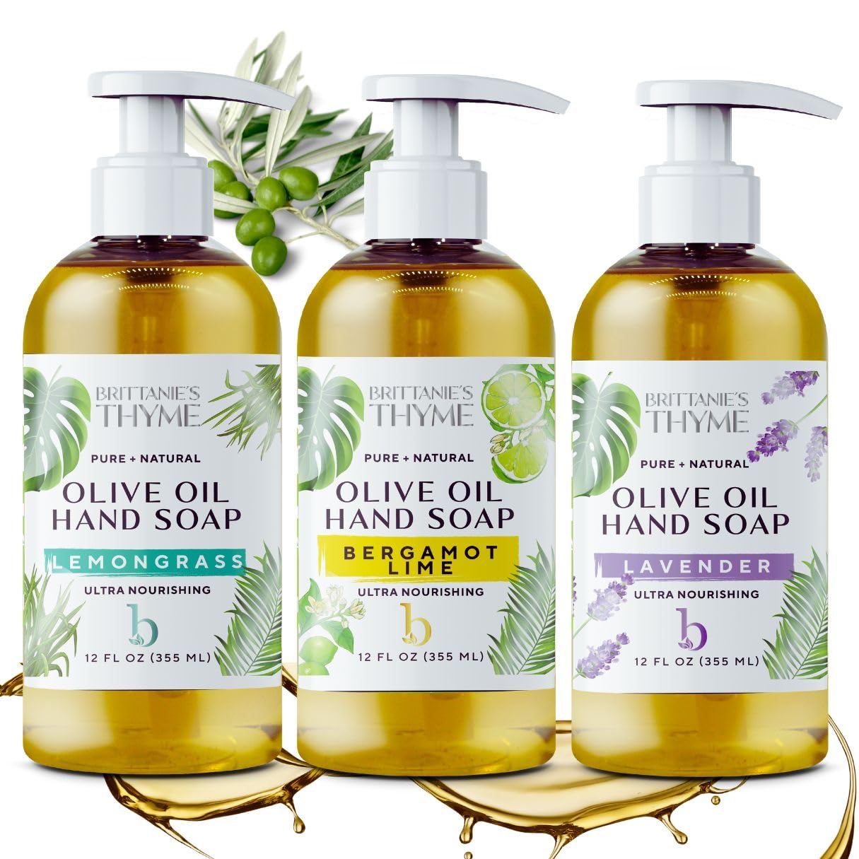 Brittanie’s Pure Castile Liquid Hand Soap Refill, Bergamot | Lavender | Lemongrass, 12 Ounce Pack of 3 | Dish Soap, Hair & Body, Home, Gentle & Pure